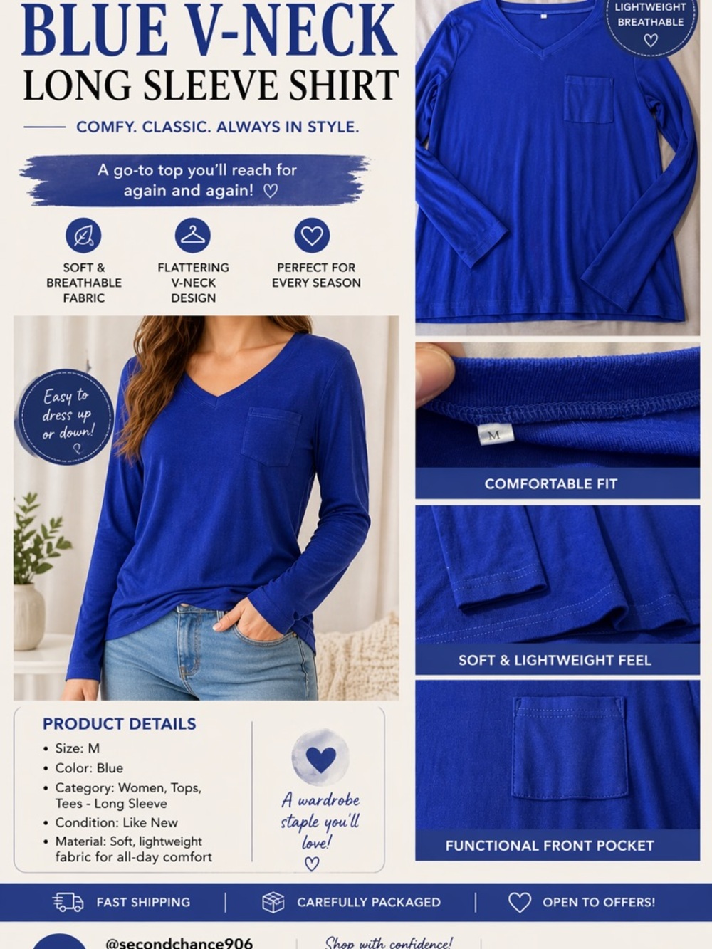 Blue V-Neck Long Sleeve Shirt